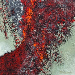 "The Flaming Heart" Mixed Media abstract with textural greens, reds, and tans