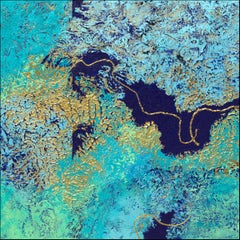 The Golden Line" Mixed Media abstract with textural rich blues, teal, aqua, gold