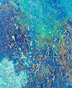 "Tide Pools" Mixed Media abstract with textural greens, blues, aqua and gold
