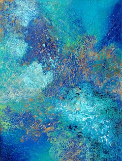 "Tide Pools" Mixed Media abstract with textural greens, blues, aqua and gold