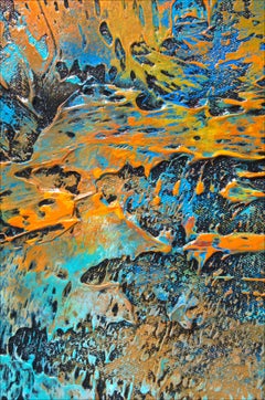 "Transition To Winter" Mixed Media abstract with textural blues, orange, aqua