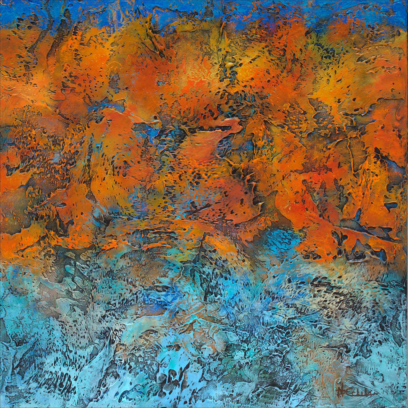 Nancy Eckels Abstract Painting - "Transition To Winter" Mixed Media abstract with textural blues, orange, aqua