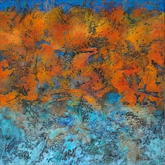 "Transition To Winter" Mixed Media abstract with textural blues, orange, aqua