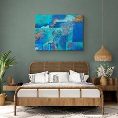 "Strati tropicali", tecnica mista astratta con texture di blu, verde acqua e azzurro.