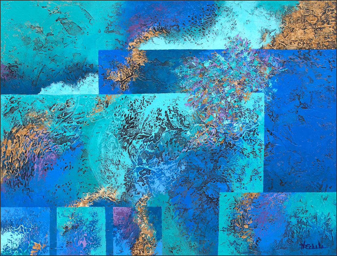"Strati tropicali", tecnica mista astratta con texture di blu, verde acqua e azzurro. - Mixed Media Art di Nancy Eckels