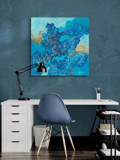 "Tropical Sparkle" Mixed Media abstract with textural blues, teal, aqua, gold