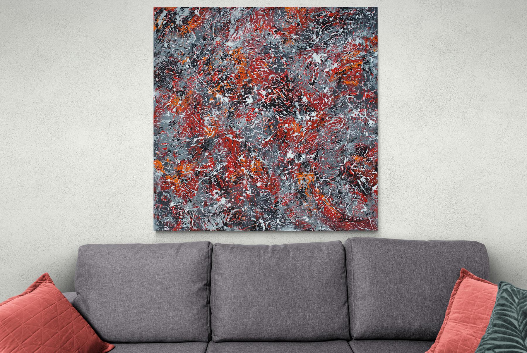 „Unbridled“ Abstrakte Mischtechnik abstrakt mit strukturierten Grau-, Rot- und Schwarztönen – Painting von Nancy Eckels
