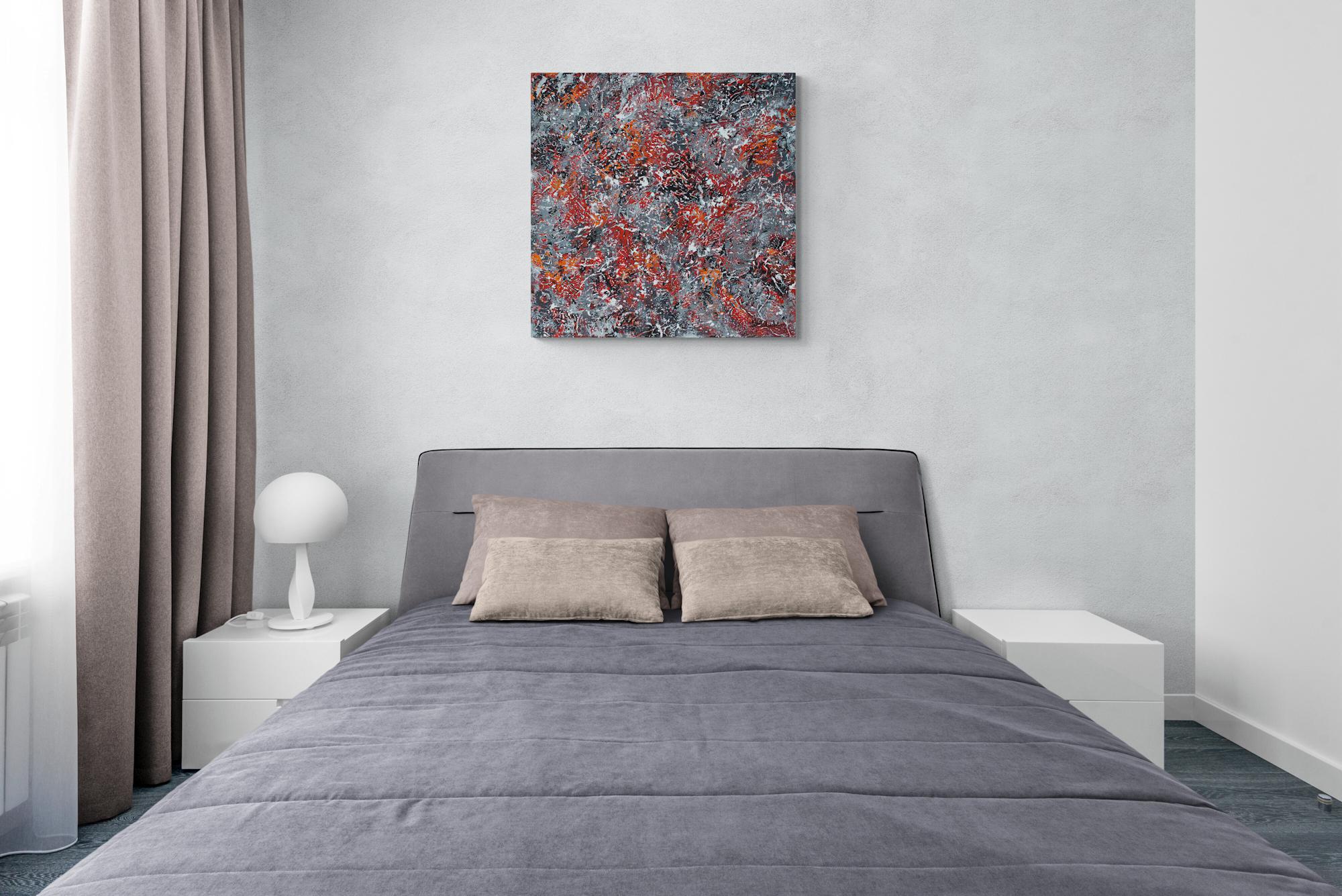 „Unbridled“ Abstrakte Mischtechnik abstrakt mit strukturierten Grau-, Rot- und Schwarztönen (Abstrakter Expressionismus), Painting, von Nancy Eckels