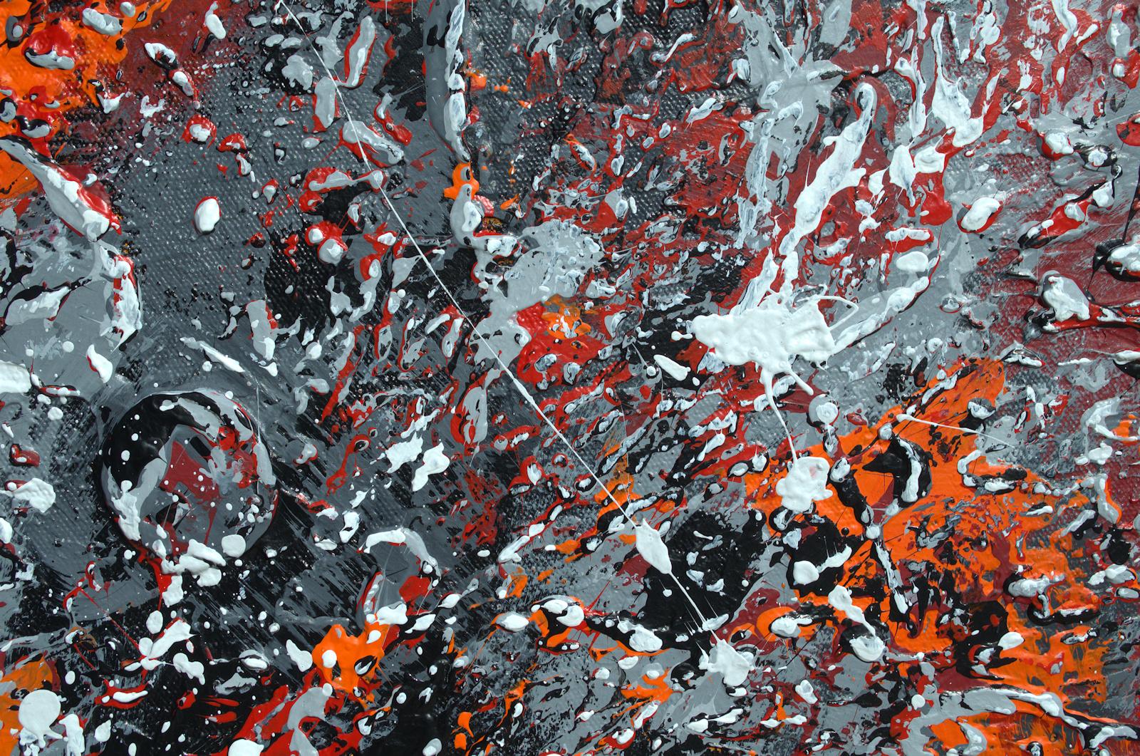 „Unbridled“ Abstrakte Mischtechnik abstrakt mit strukturierten Grau-, Rot- und Schwarztönen im Angebot 2
