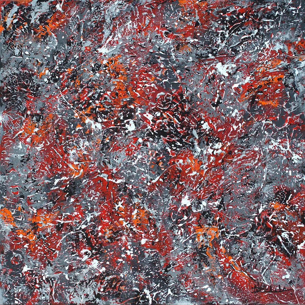 Nancy Eckels Abstract Painting – „Unbridled“ Abstrakte Mischtechnik abstrakt mit strukturierten Grau-, Rot- und Schwarztönen
