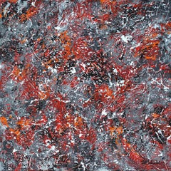 "Unbridled" Mixed Media abstract with textural grays, red, and black