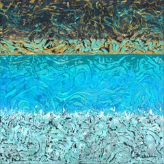 "Undulations"  Mixed Media abstract with textural greens, blues and gold metallic