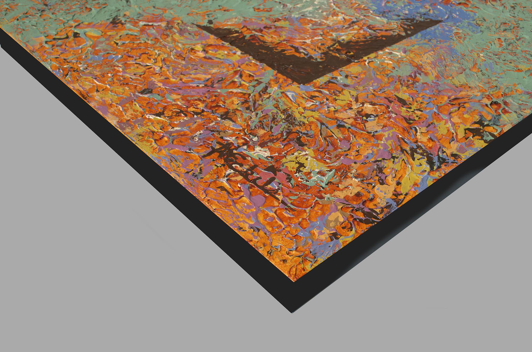 „Unrestrained“ Abstrakte Mischtechnik abstrakt mit strukturiertem Lavendel, Orange, Blau, Blau (Abstrakter Expressionismus), Painting, von Nancy Eckels
