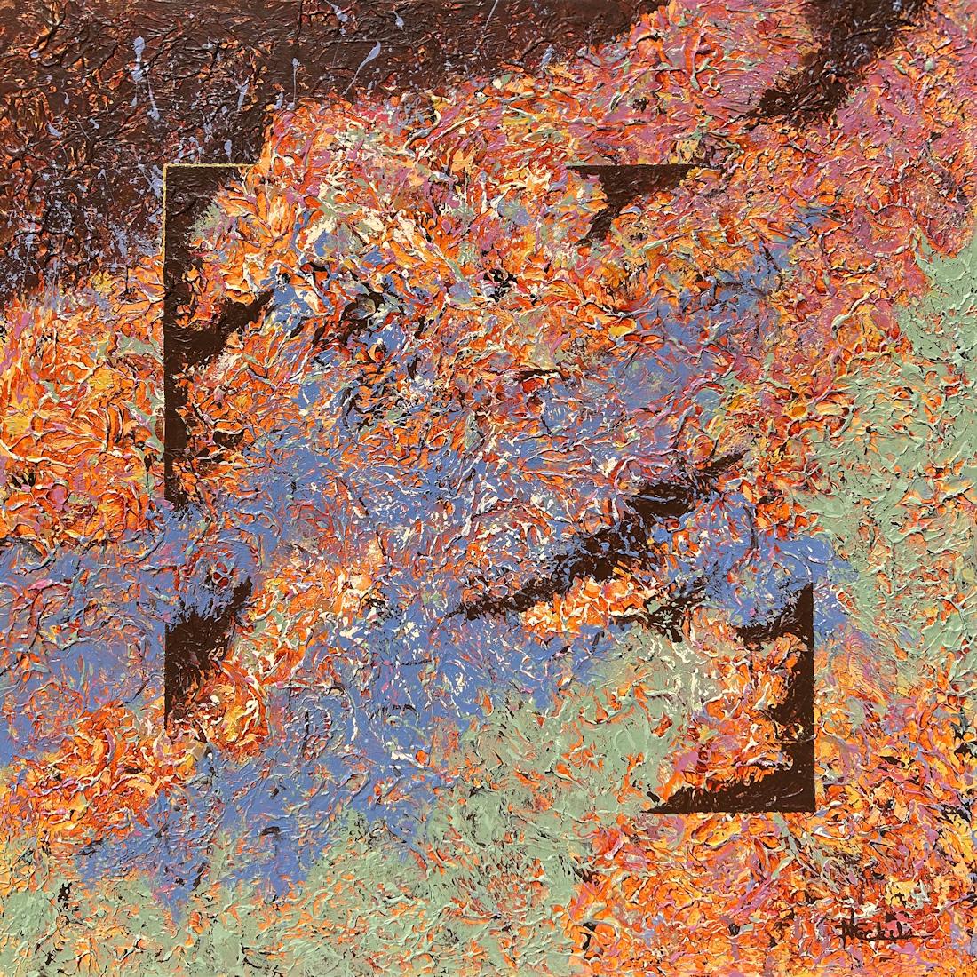 Nancy Eckels Abstract Painting – „Unrestrained“ Abstrakte Mischtechnik abstrakt mit strukturiertem Lavendel, Orange, Blau, Blau