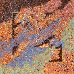 « Unrestrained », technique mixte abstraite avec texture lavande, orange, bleu