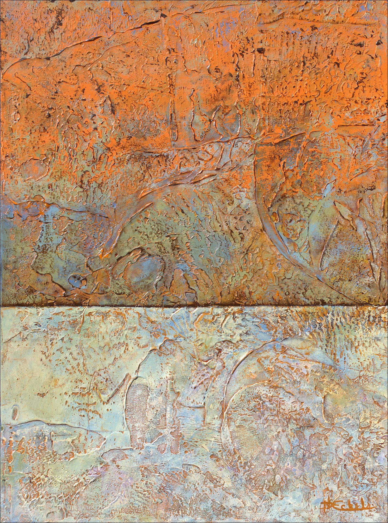"Warming" by Nancy Eckels large abstract painting with textural oranges, pastels