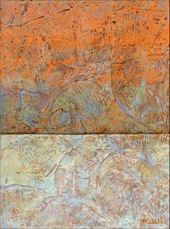 "Warming" by Nancy Eckels large abstract painting with textural oranges, pastels