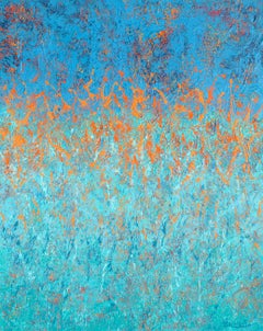 "Water Garden" Mixed Media abstract with textural rich blues, teal, aqua, orange