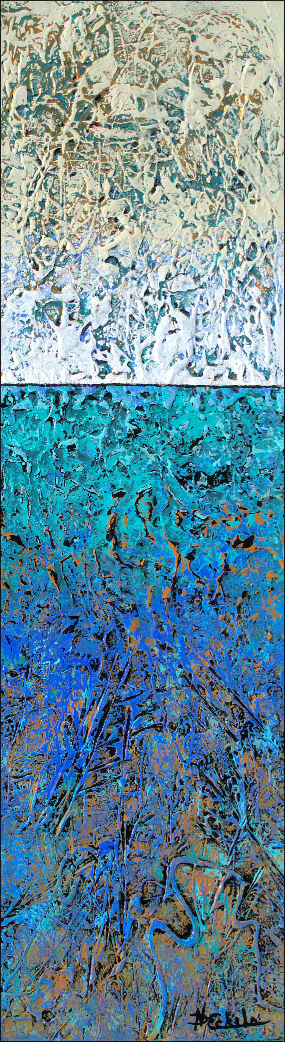 ""Waters Edge" Abstrakte Mischtechnik mit strukturierten Blau-, Lavendel- und Hellbrauntönen – Mixed Media Art von Nancy Eckels