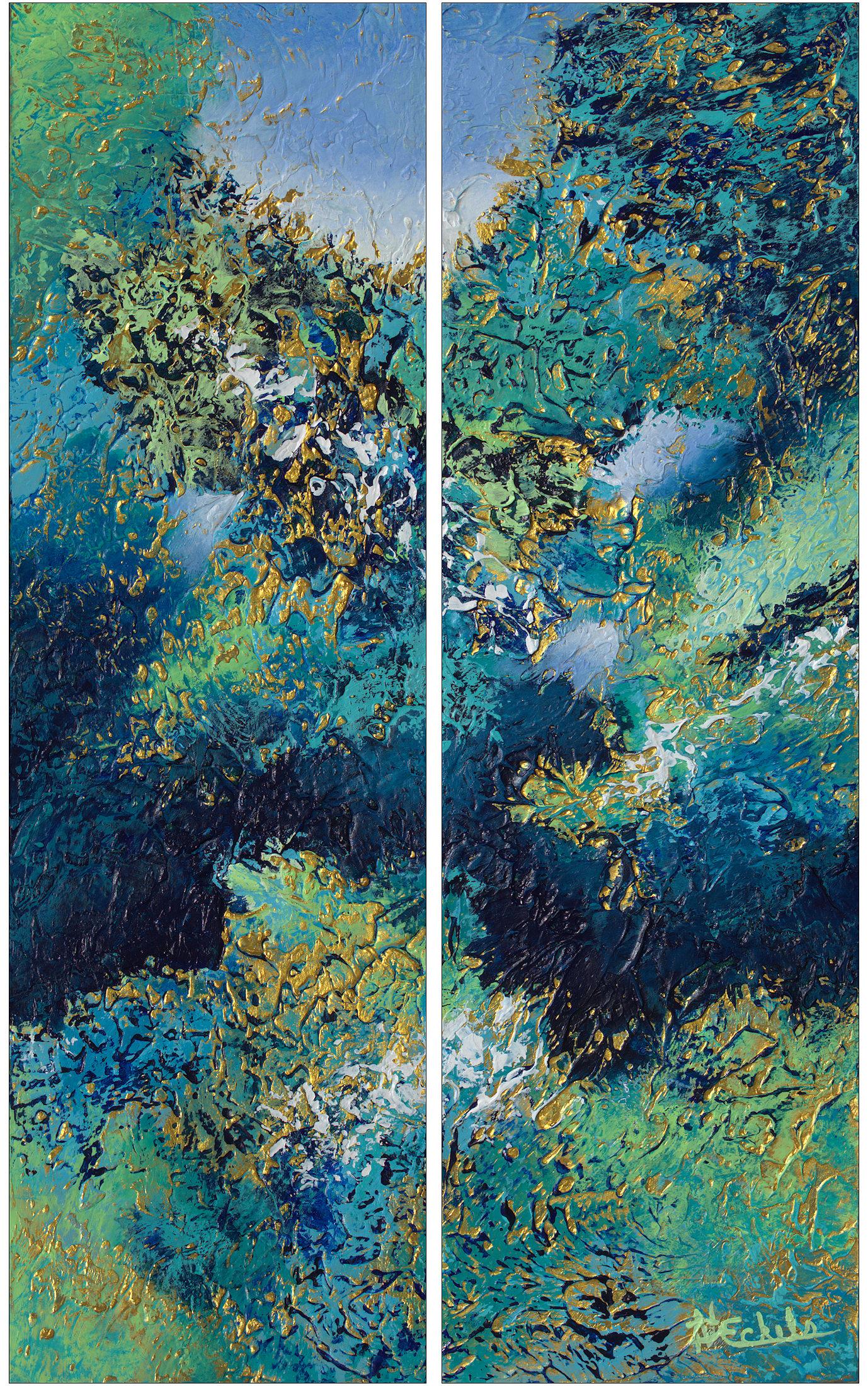"Watery Layers"  Mixed Media abstract with textural greens, blues, gold metallic - Mixed Media Art by Nancy Eckels