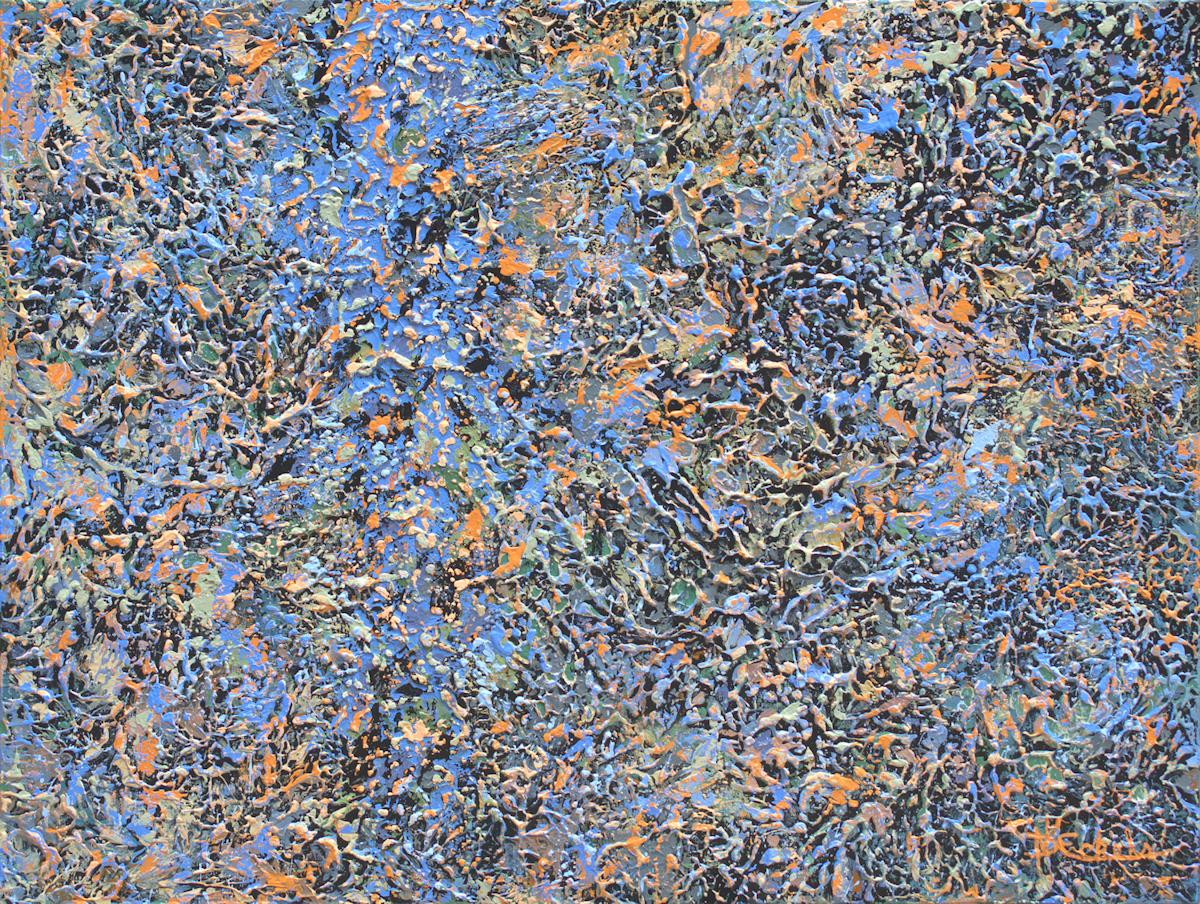 Abstract Painting Nancy Eckels - « Watery Life », technique mixte abstraite avec des violets, des lavandes et des beiges texturés