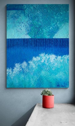 "Tempo acquoso"  Tecnica mista astratta con texture blu, verde acqua e bianco