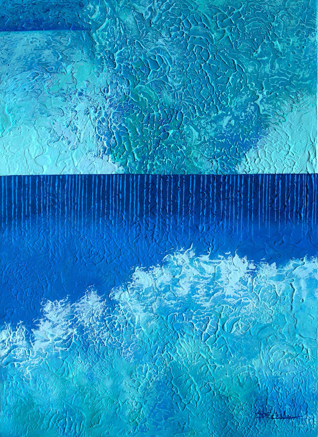 "Trübes Wetter"  Abstrakte Mischtechnik mit strukturierten Blau-, Teal- und Weißtönen – Mixed Media Art von Nancy Eckels