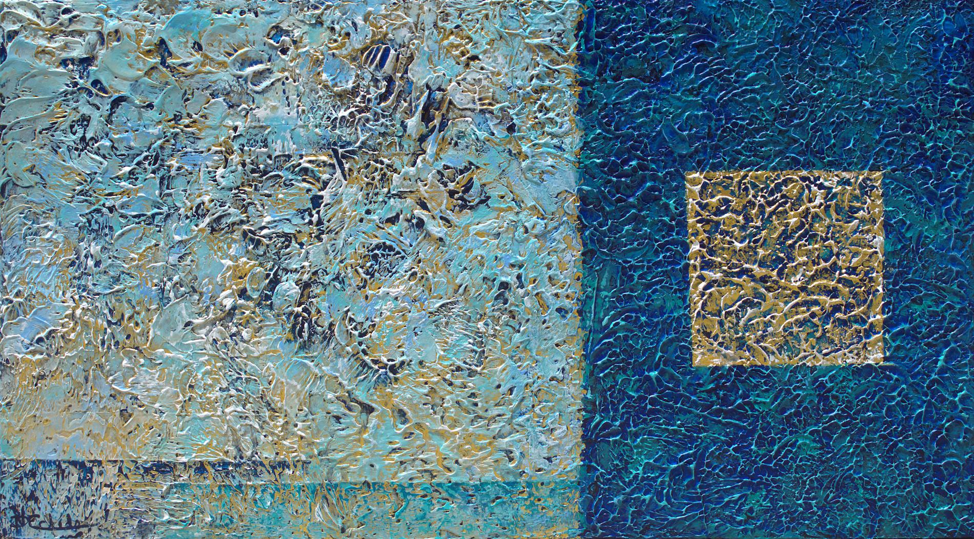 "Watery Windows" abstract painting with textural greens, blues and gold metallics - Mixed Media Art by Nancy Eckels