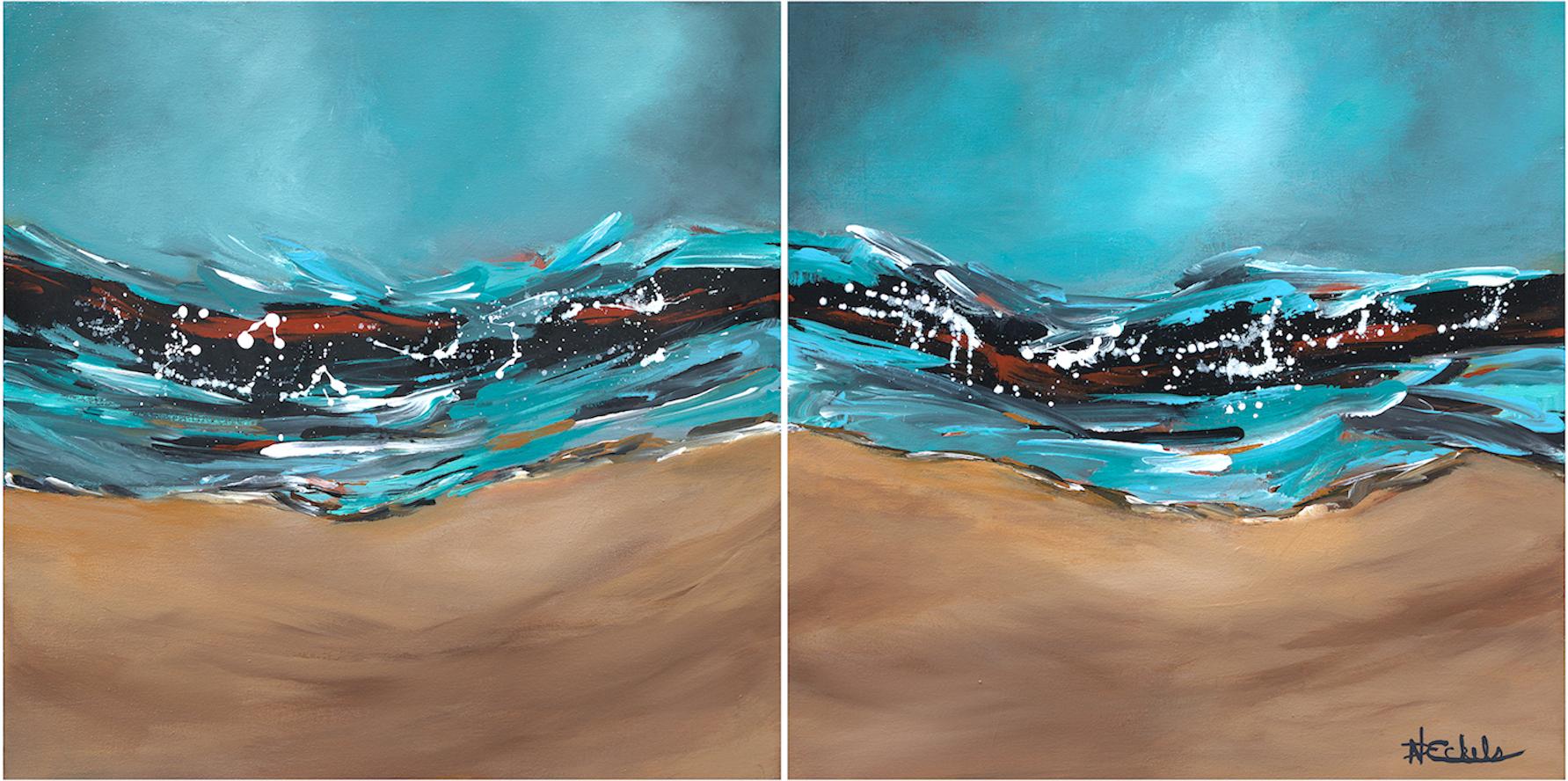 Nancy Eckels Abstract Painting – ""Waves and Wet Sand"" Abstrakte Mischtechnik mit strukturierten Blau-, Weiß- und Hellbrauntönen