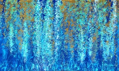 "Weeds and Reeds" Mixed Media abstract with textural blues, aqua, metallic gold