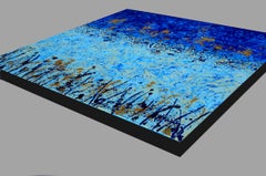 "Weeds and Reeds" Mixed Media abstract with textural blues, teal, metallic gold