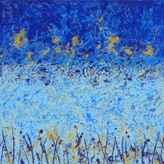 "Weeds and Reeds" Mixed Media abstract with textural blues, teal, metallic gold
