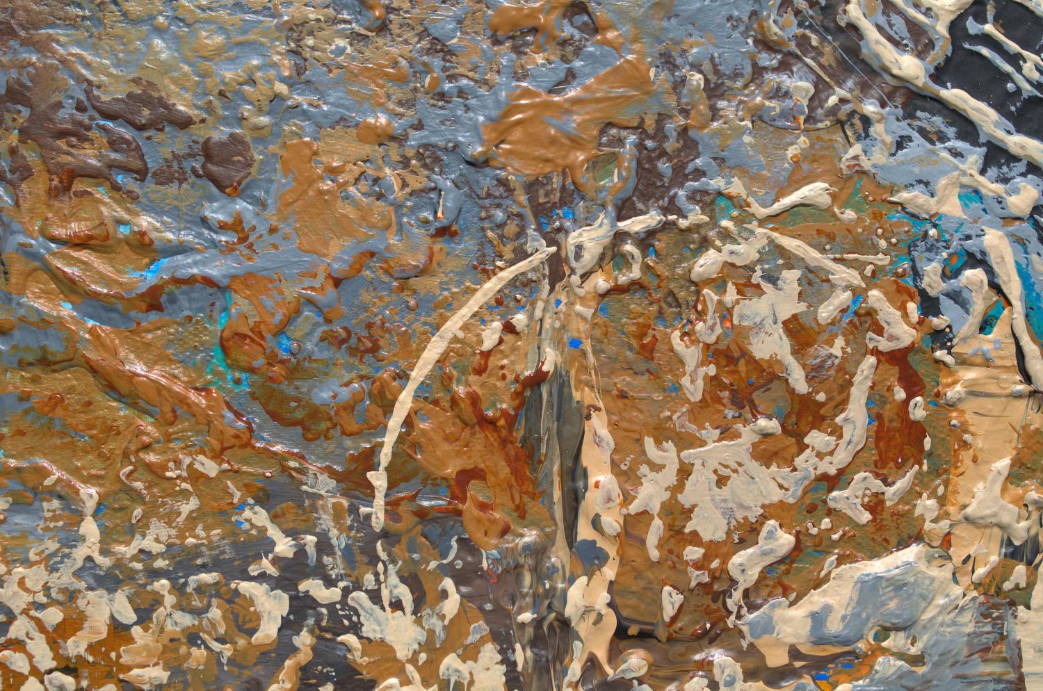 „Wet and Woodsy“ Abstrakte Mischtechnik abstrakt mit strukturierten Gold-, Blau- und Orangetönen – Painting von Nancy Eckels