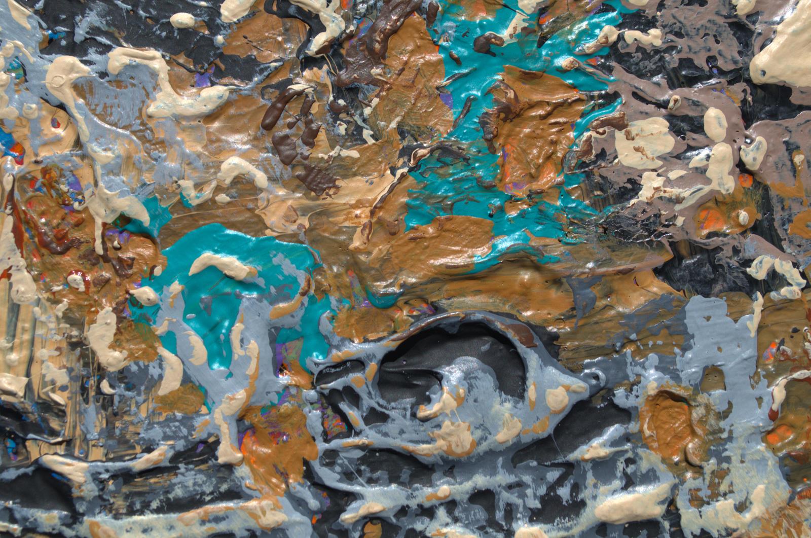 „Wet and Woodsy“ Abstrakte Mischtechnik abstrakt mit strukturierten Gold-, Blau- und Orangetönen (Abstrakter Expressionismus), Painting, von Nancy Eckels