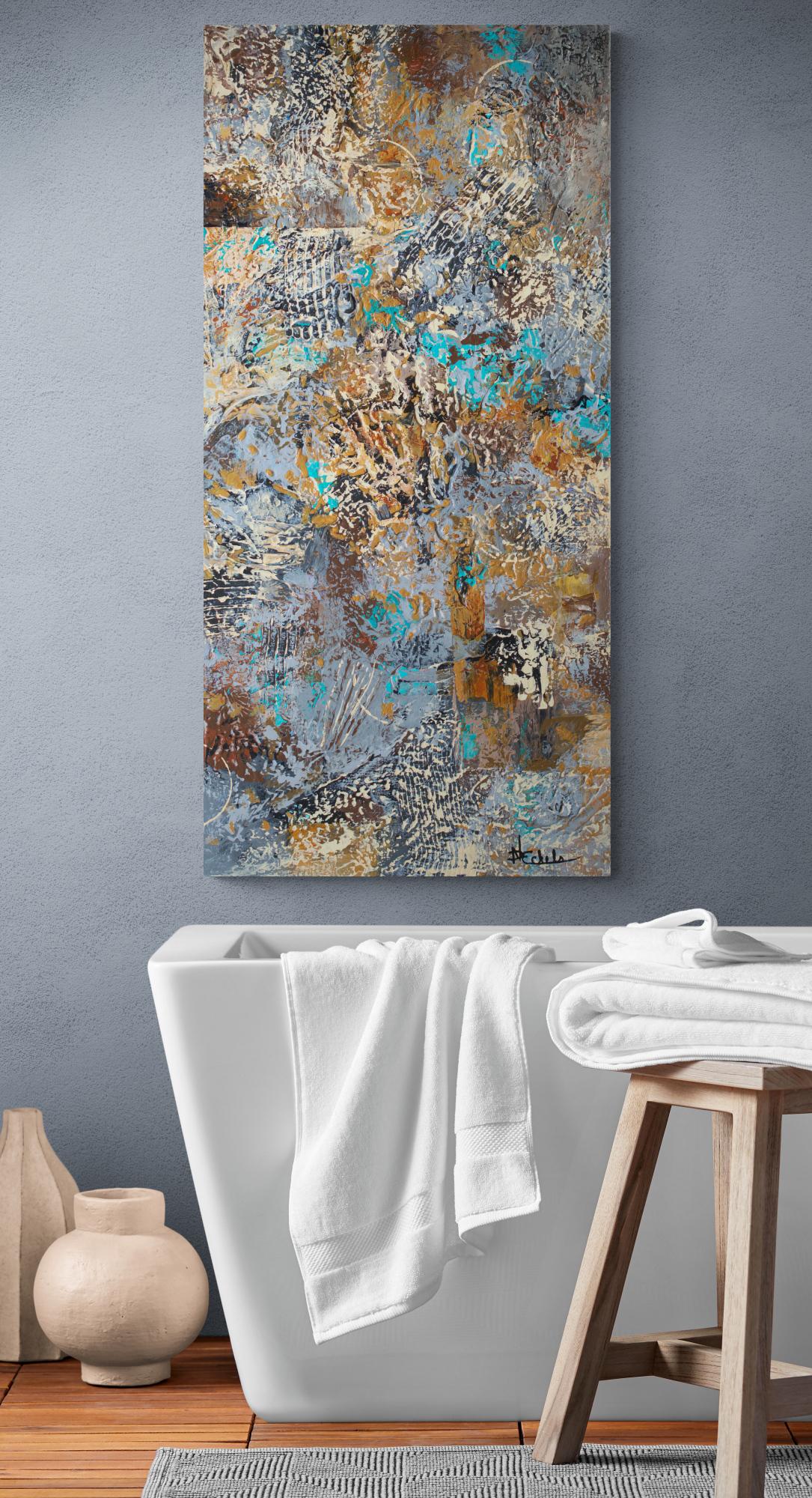« West and Woodsy », technique mixte abstraite avec des ors, des bleus et des oranges texturés en vente 2