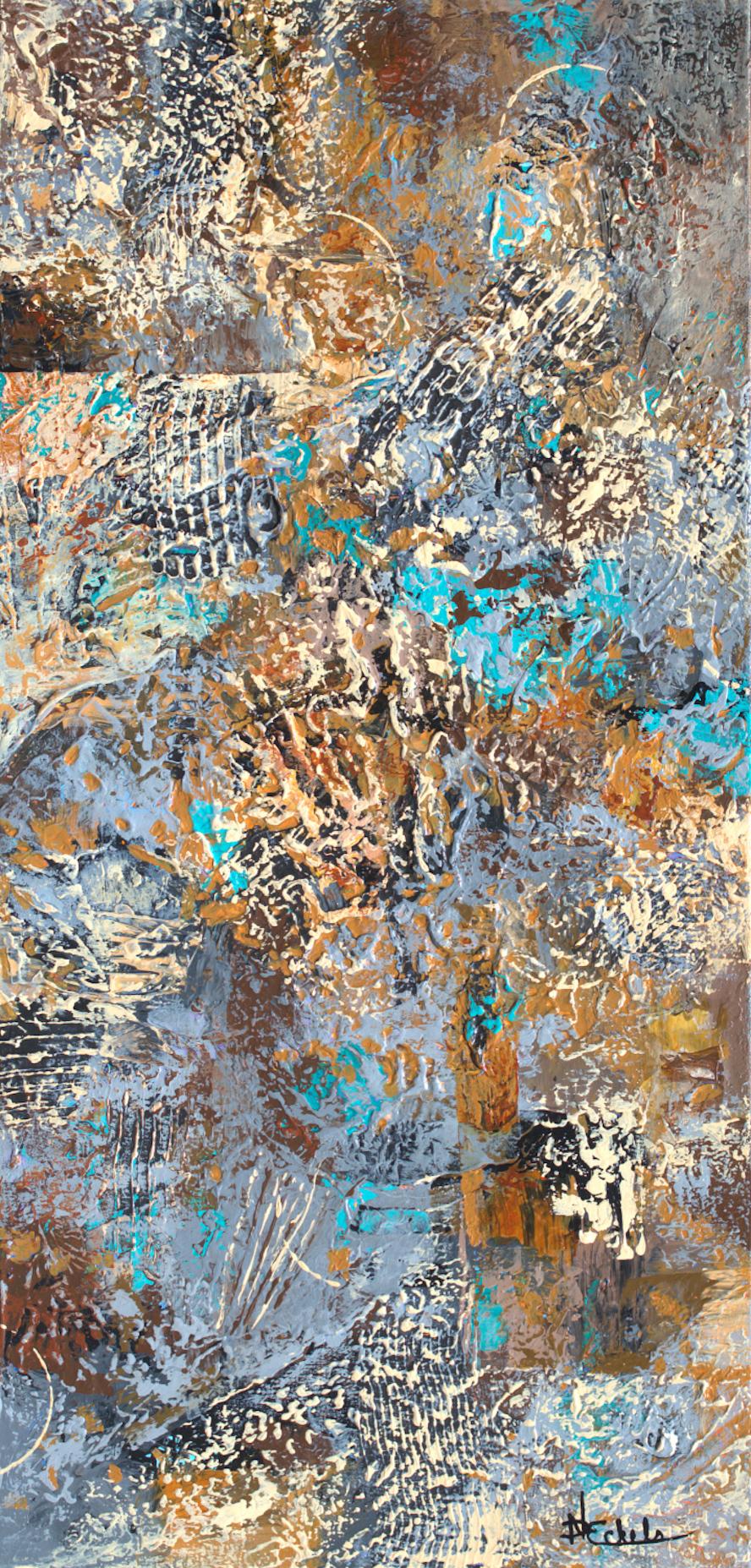 Nancy Eckels Abstract Painting – „Wet and Woodsy“ Abstrakte Mischtechnik abstrakt mit strukturierten Gold-, Blau- und Orangetönen