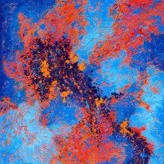 "Wild Expectations" Mixed Media abstract with textural blues, lavender, orange