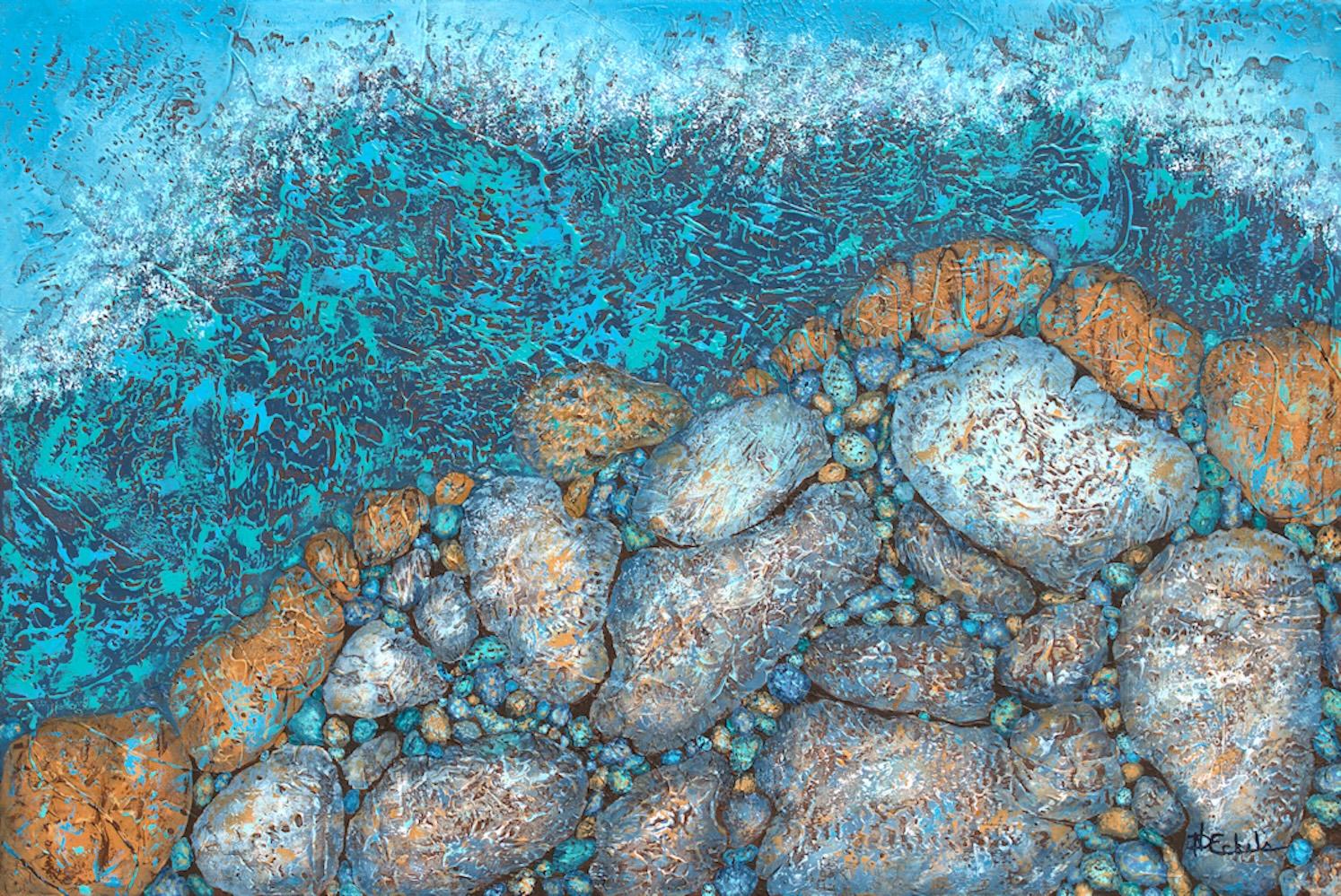 "Vento e  Rocce"  tecnica mista astratta con blu pastello e oro - Mixed Media Art di Nancy Eckels