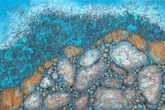 "Wind and  Rocks"  mixed media abstract with textural pastel blues, golds
