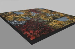 "Windy Autumn" Mixed Media abstract with textural golds, gray, and red/oranges