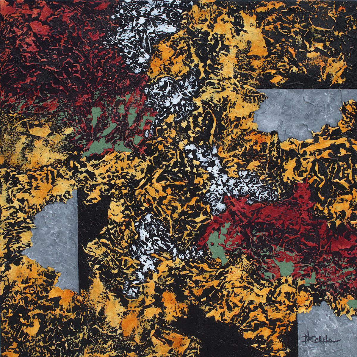 ""Windy Autumn" Mixed Media abstrakt mit strukturierten Gold-, Grau- und Rot-/Orangetönen  – Mixed Media Art von Nancy Eckels