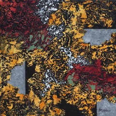 "Windy Autumn" Mixed Media abstract with textural golds, gray, and red/oranges 