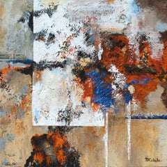 "Winter Sunset"  abstract with textural blues, tans, and reds