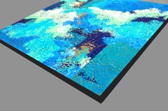 "Wisp and Bling" Mixed Media abstract with textural blues, teal, metallic gold