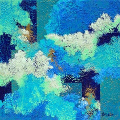 "Wisp and Bling" Mixed Media abstract with textural blues, teal, metallic gold