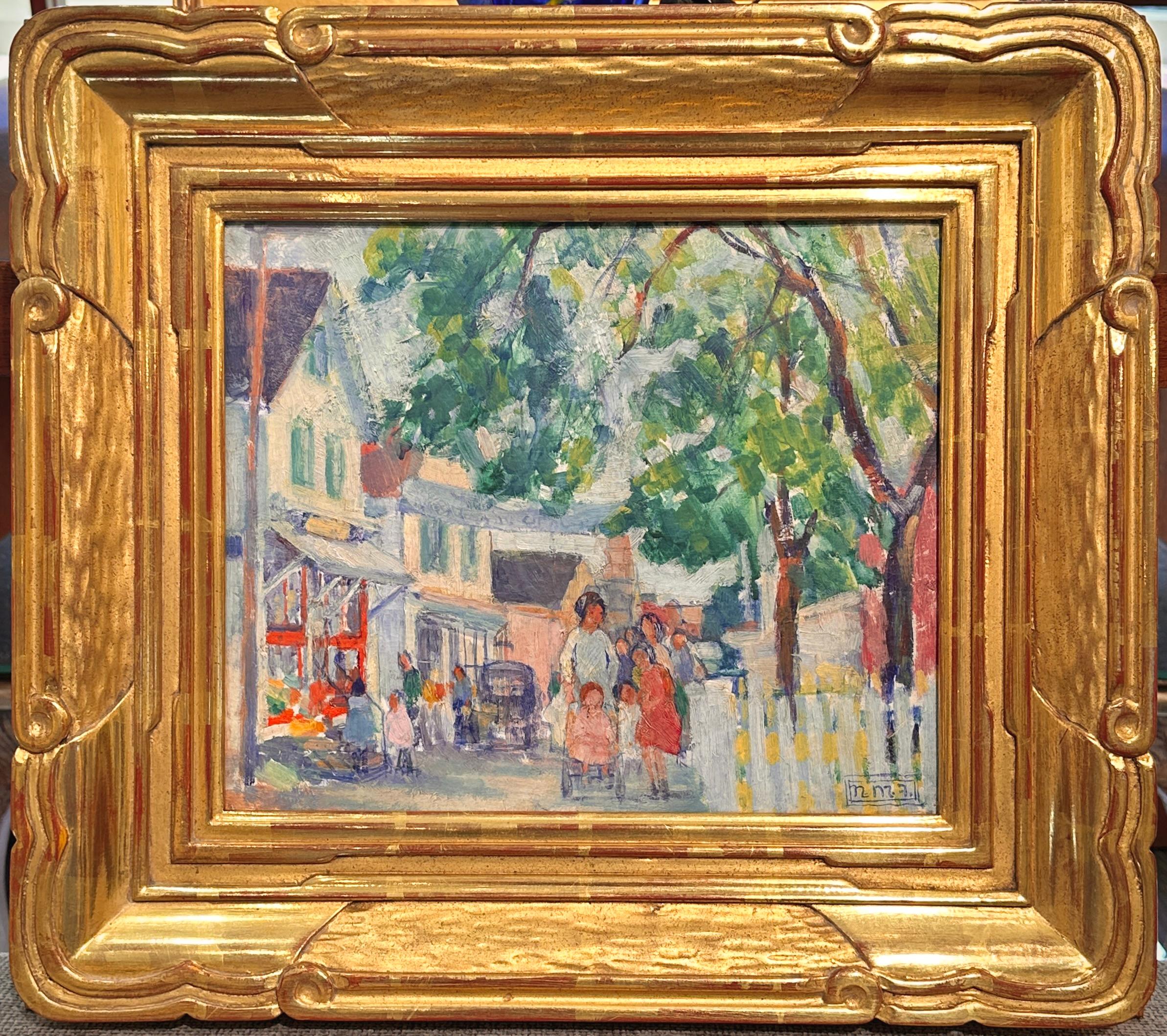 Scène de rue du marché d'été avec personnages et arbres éclairés par le soleil, par Nancy Ferguson en vente 1