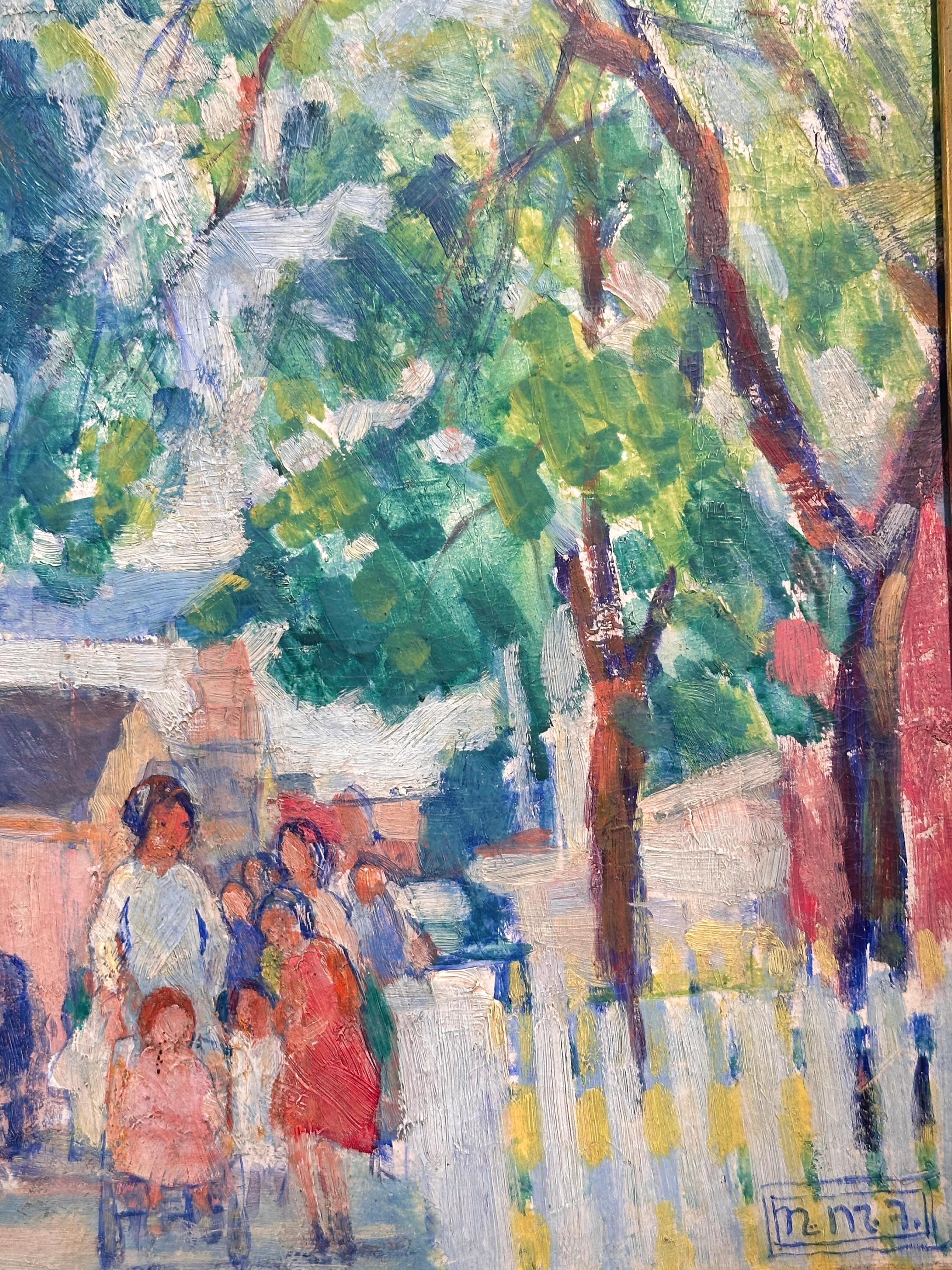 Scène de rue du marché d'été avec personnages et arbres éclairés par le soleil, par Nancy Ferguson en vente 2