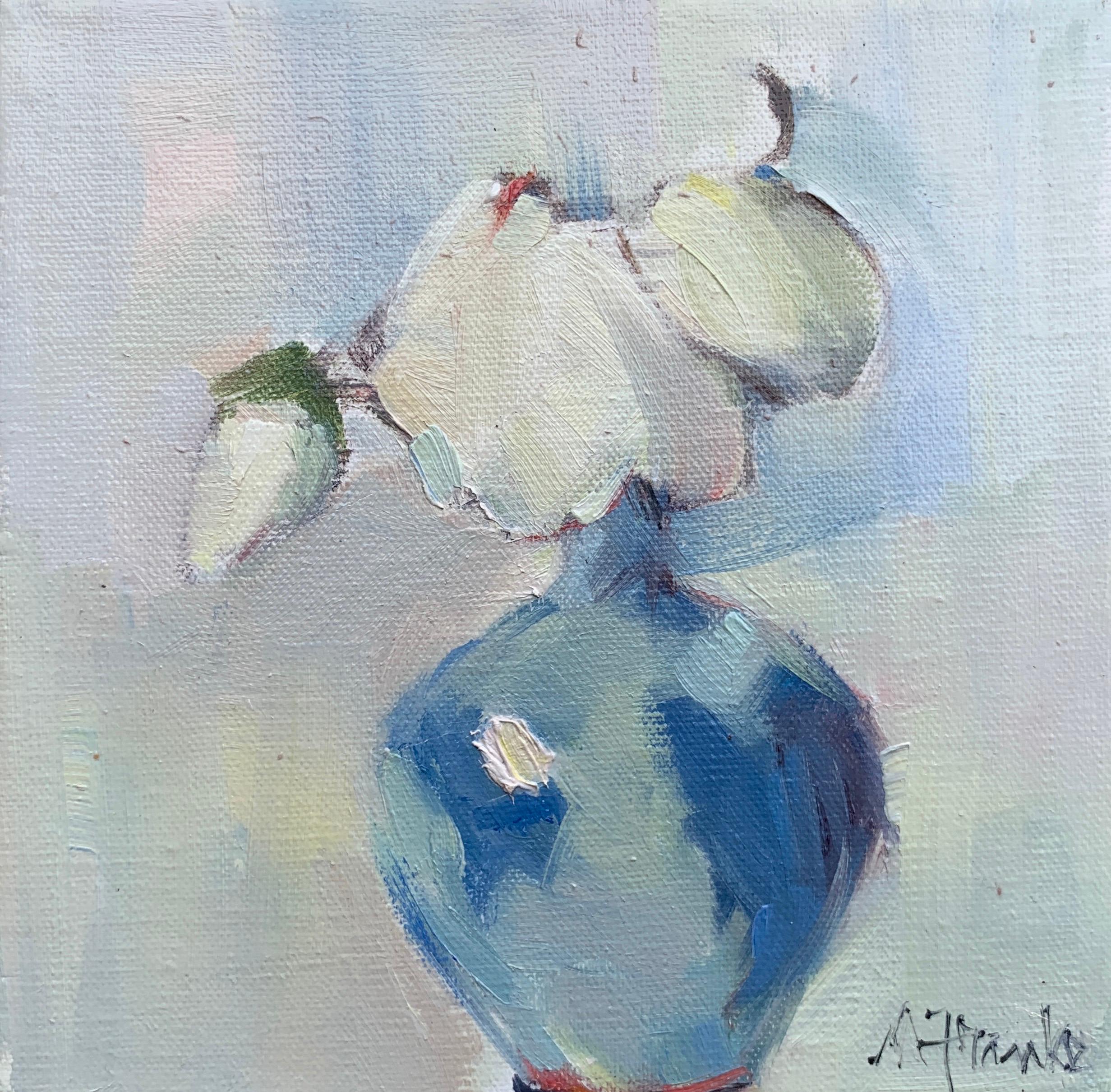 'Bud in Vase' is a small Impressionist oil on canvas floral painting of square format created by American artist Nancy Franke in 2019. Featuring a cool palette made of white, green, purple, blush and blue tones, with a pop of red; this painting