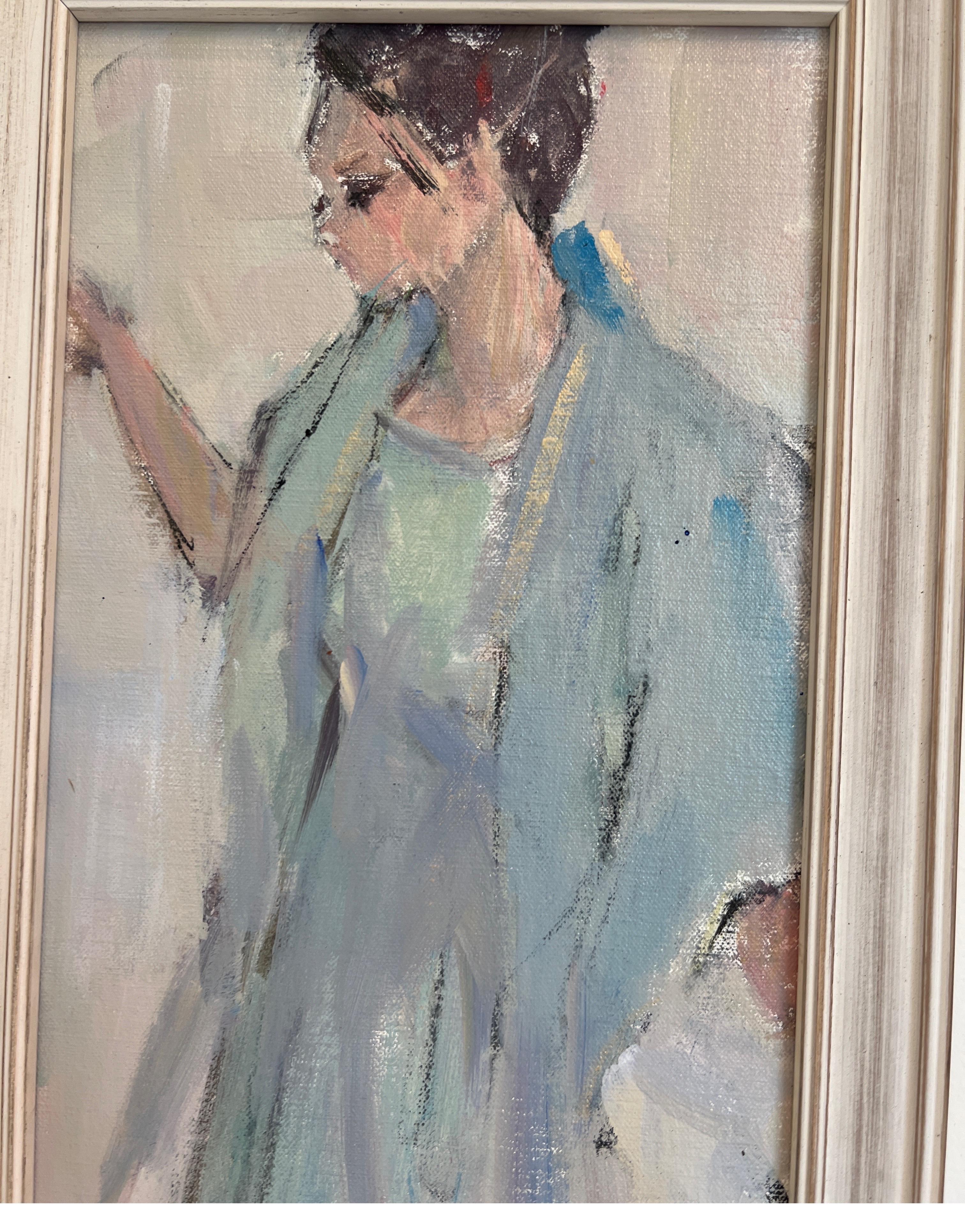 Demoimselle Une di Nancy Franke, pittura figurativa impressionista su lino 5