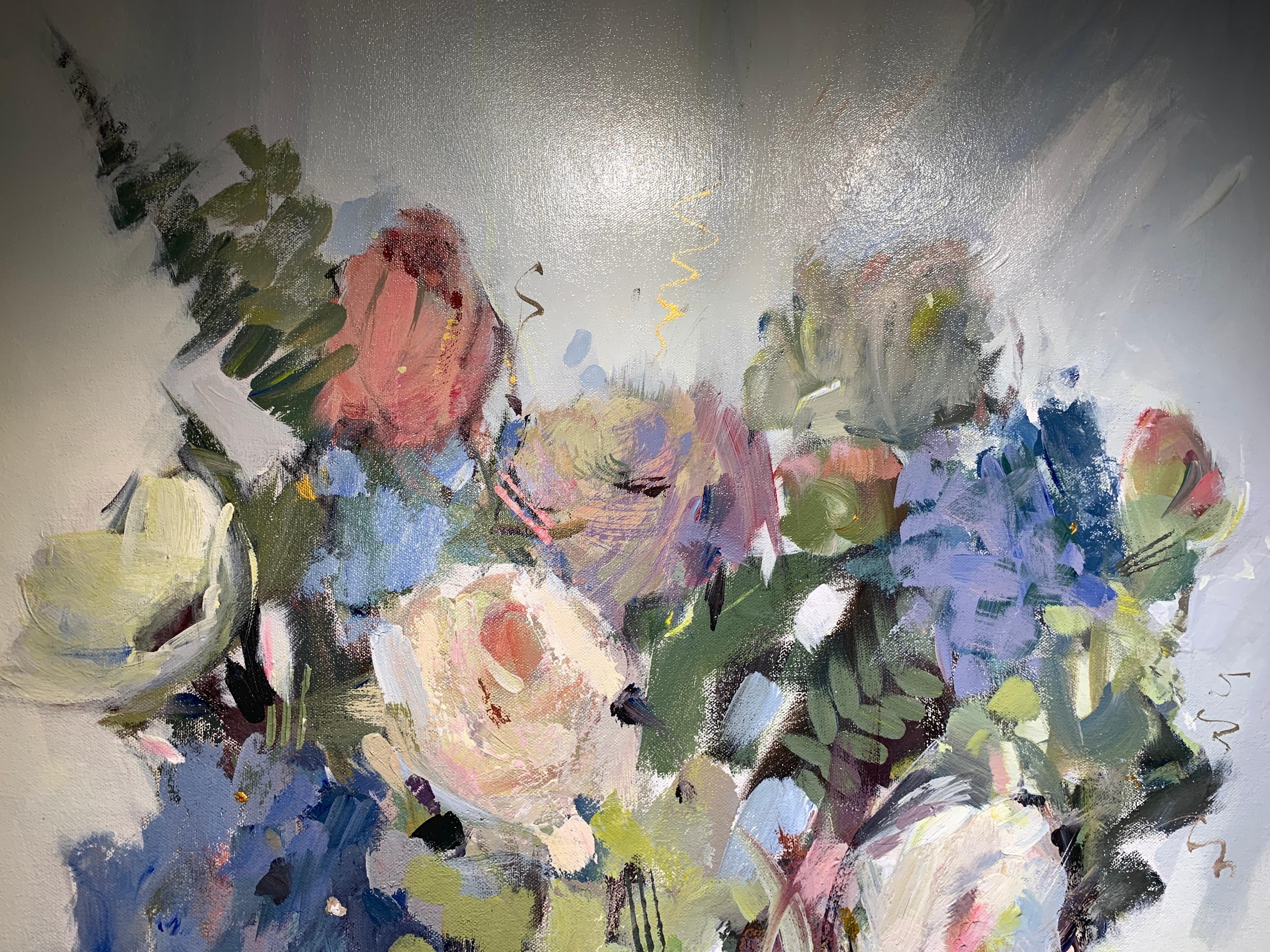 Happy Days by Nancy Franke, Floral Impressionist Oil Painting with Green, blue 4